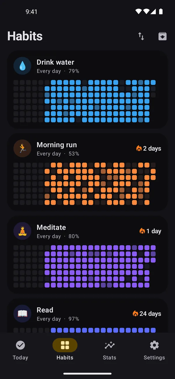 Bee Steady's Habits screen in the dark theme, with a year heatmap for each habit