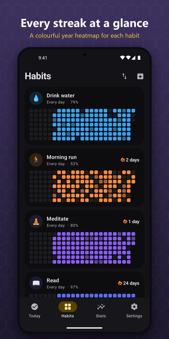 Every streak at a glance: year heatmaps in the dark theme