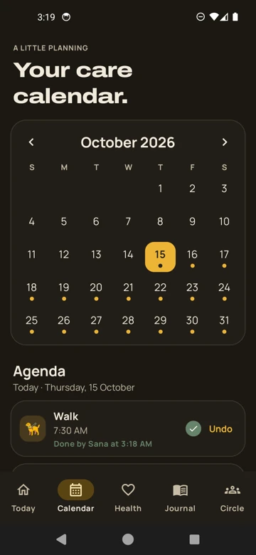 Care calendar for October with the day's agenda