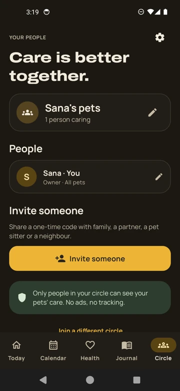 Care circle: people and an invite button