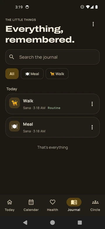 Searchable care journal