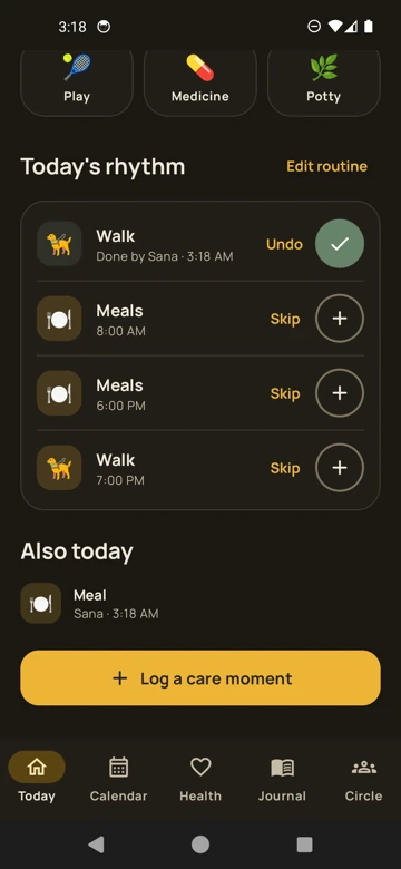 BeeLoved's Today screen: the day's walks and meals, with who did what