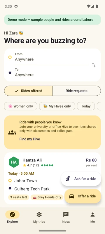BeePool's Explore screen: rides offered from Johar Town to Gulberg Tech Park