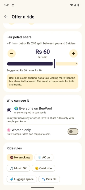 Offer a ride: the fair petrol share per seat and ride rules