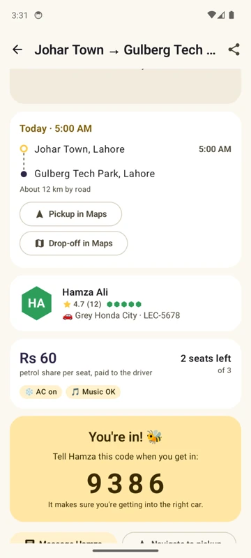 A booked ride with the 4-digit pickup code