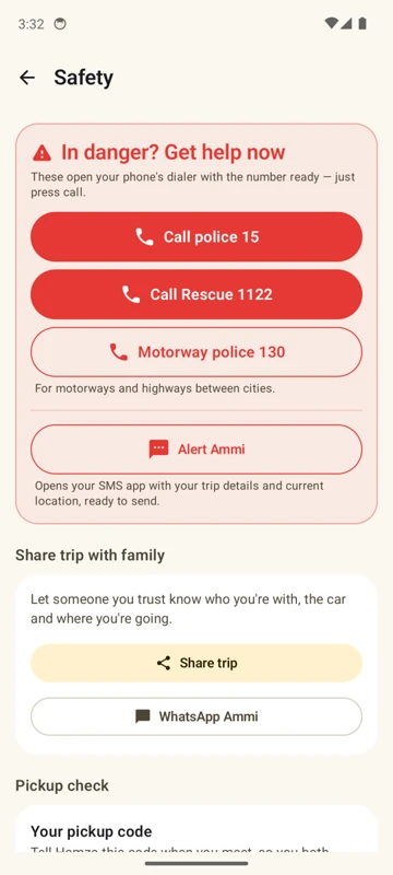 Safety screen with buttons to call police 15, Rescue 1122 and Motorway police 130
