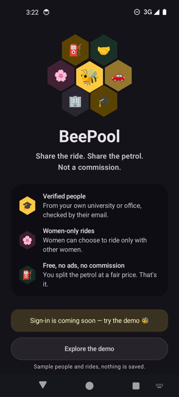 BeePool welcome screen: verified people, women-only rides, free with no ads or commission